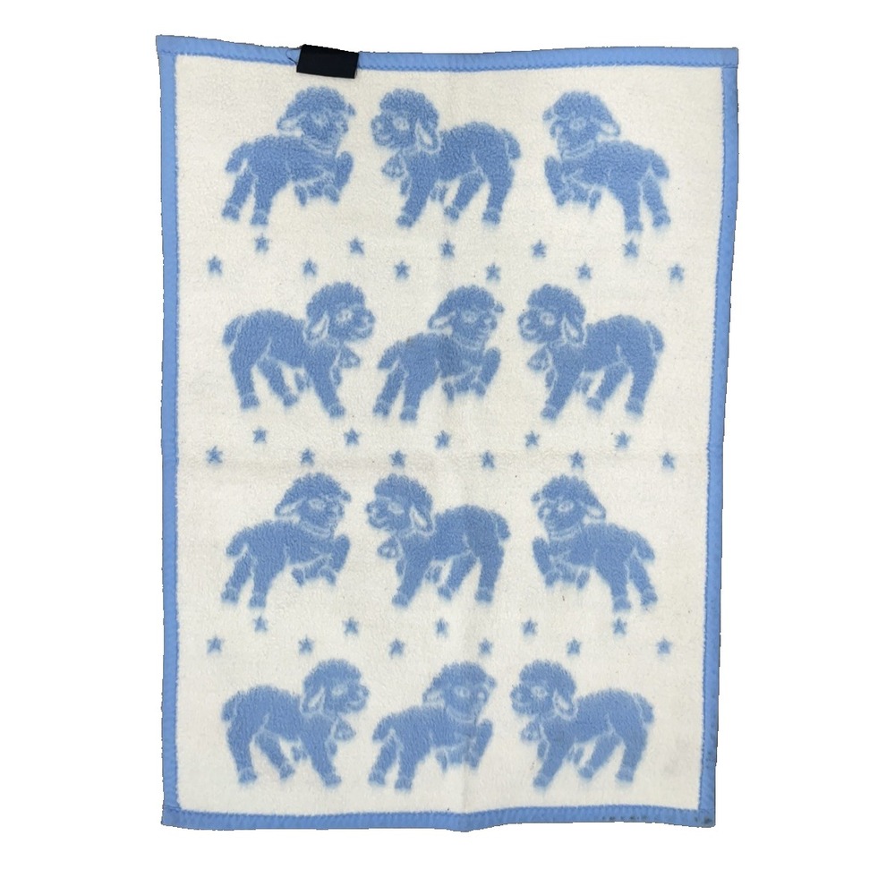 Vintage Blue Lamb Baby Blanket Stars Acryl Velours Reversible USA Made